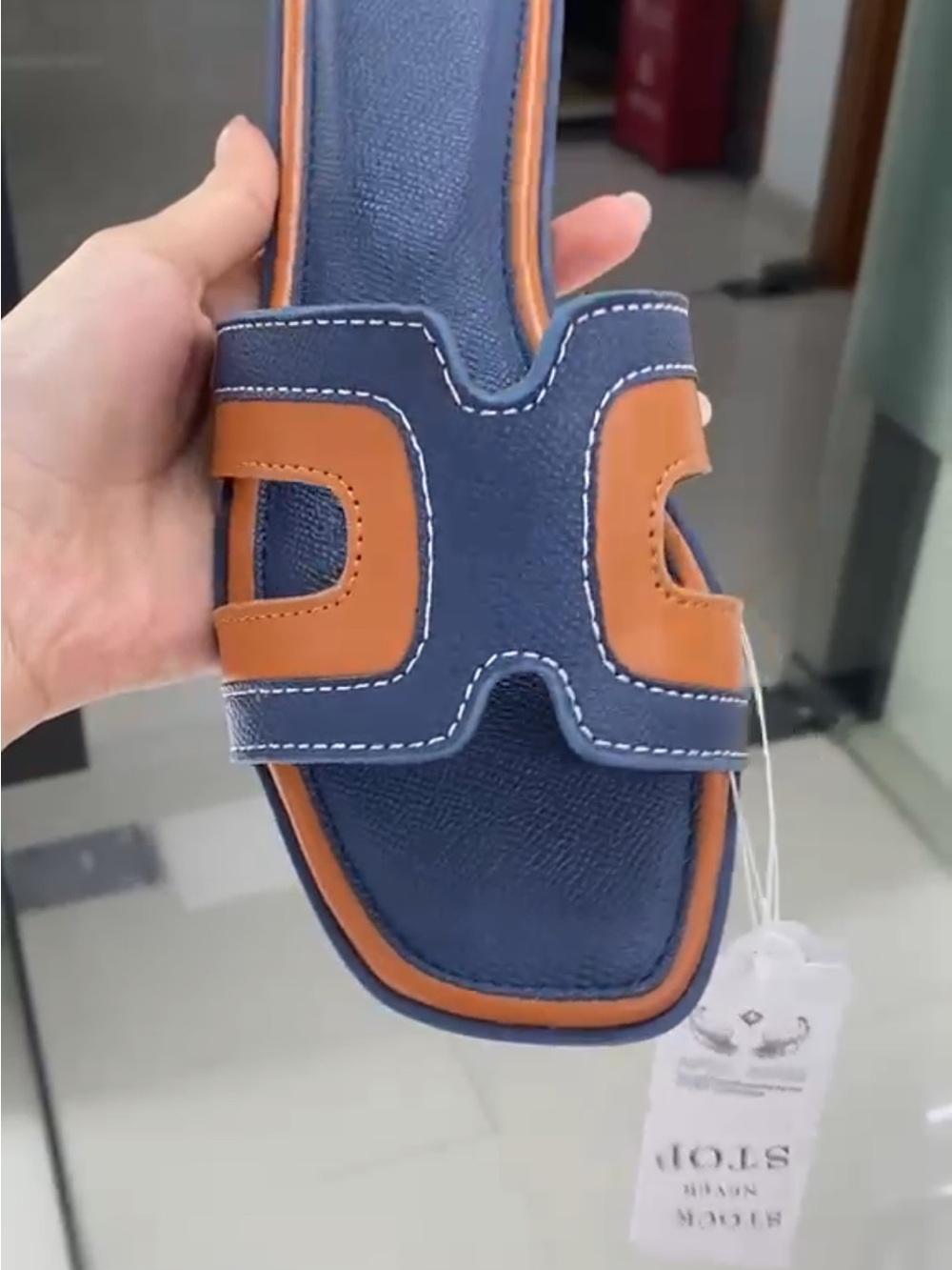 Men's Slide Sandal in Navy and Tan - Unbranded